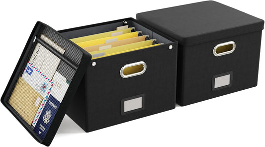 2 Pack File Organizer Box with Lid, Large Hanging Filing Box with Mesh Pocket, Document Organizer for Letter Files, Portable Storage Case for Office&Home (Black)