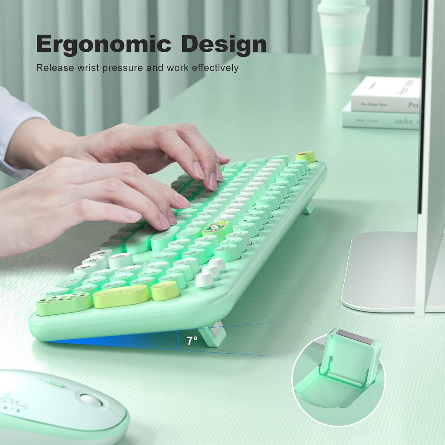 MOFII Wireless Keyboard and Mouse Combo, Cute Full Size Retro Typewriter Keyboard and Wireless Mouse, 2.4GHz Set for PC/Desktop/Laptop/Windows (Green Colorful)