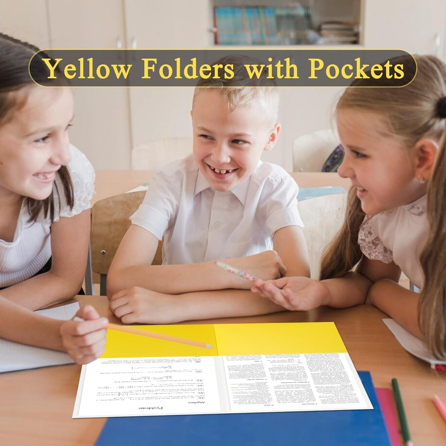 Zzrywuty 100 Packs Two Pocket File Folders with Business Card Slot,Textured Paper,Letter Size,Holds 100 Plus Sheets for School,Office,Business,Yellow