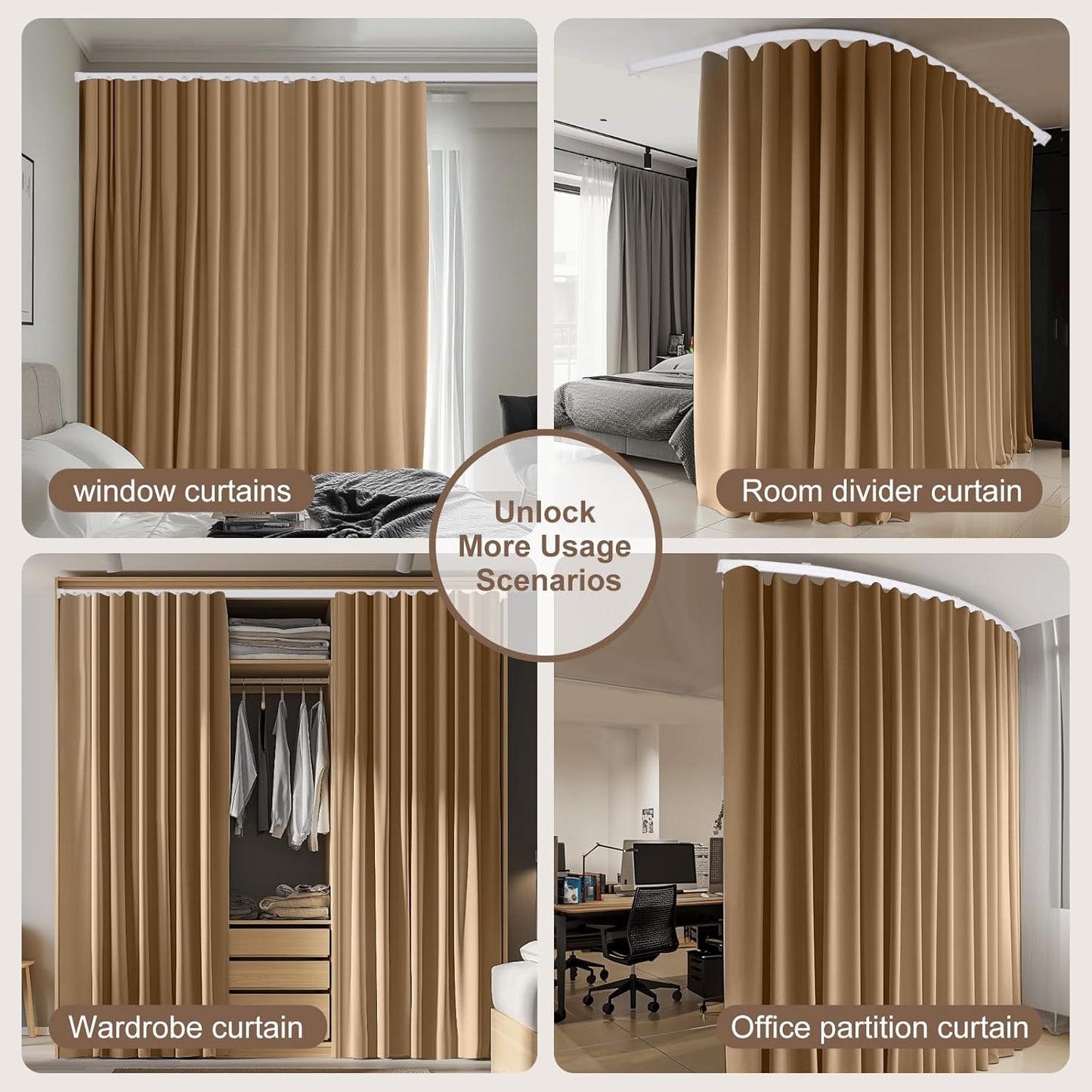 Room Divider Curtains & Flexible Bendable Tracks Set,Privacy Dividers Ceiling Track Curtain Window Blackout Curtains for Living Room Bedroom (W100 × H84 in 1 Panel Khaki Drape & White Rail)