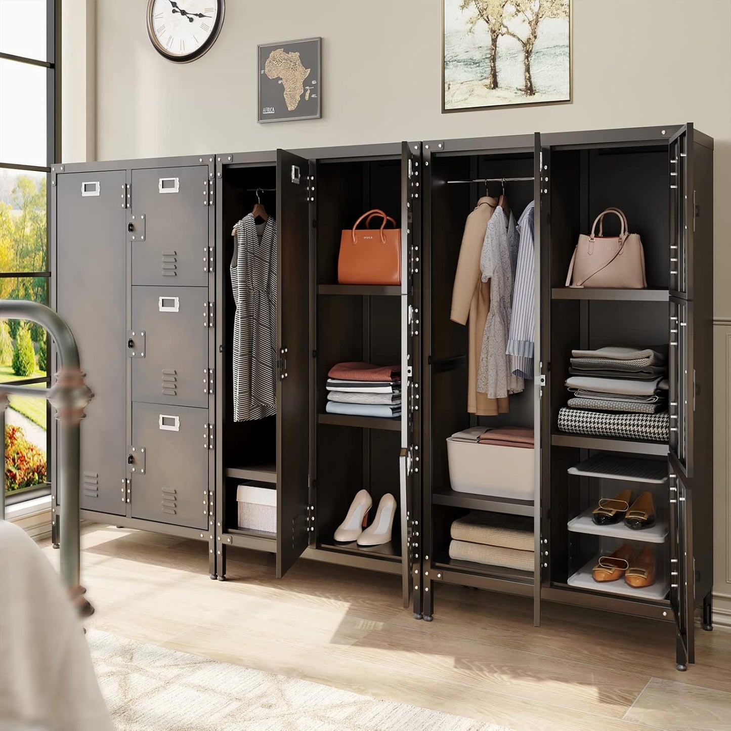 MIIIKO Steel Wardrobe Cabinet Locker, Rustic Metal Storage Cabinet with Shelf, Lockable Doors and Hanging Rod, Industrial Locker for Living Room, Bedroom, Home Office and Club