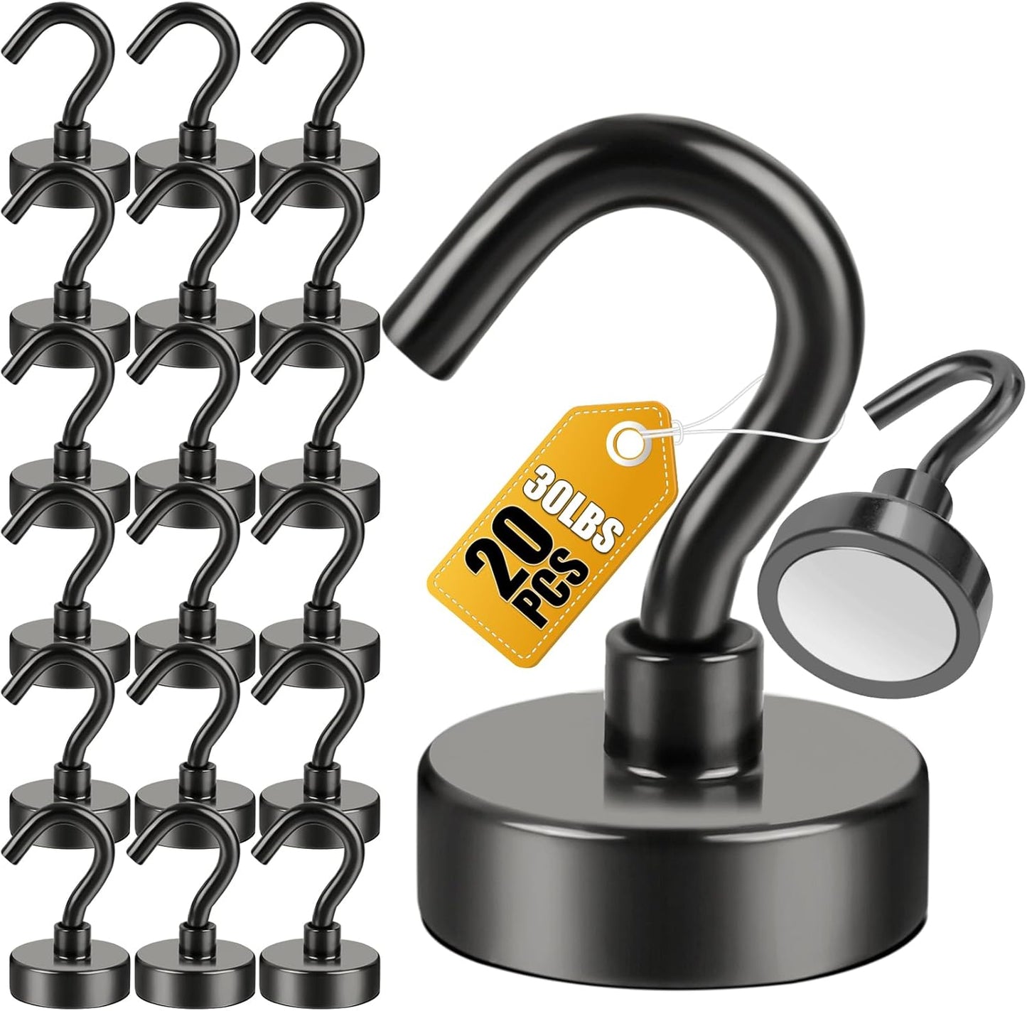 DIYMAG Magnetic Hooks for Refrigerator, Extra Strong Cruise Hook, Heavy Duty Earth Magnets with Hook for Hanging, Magnetic Hanger for Cabins, Grill (20P-Black)