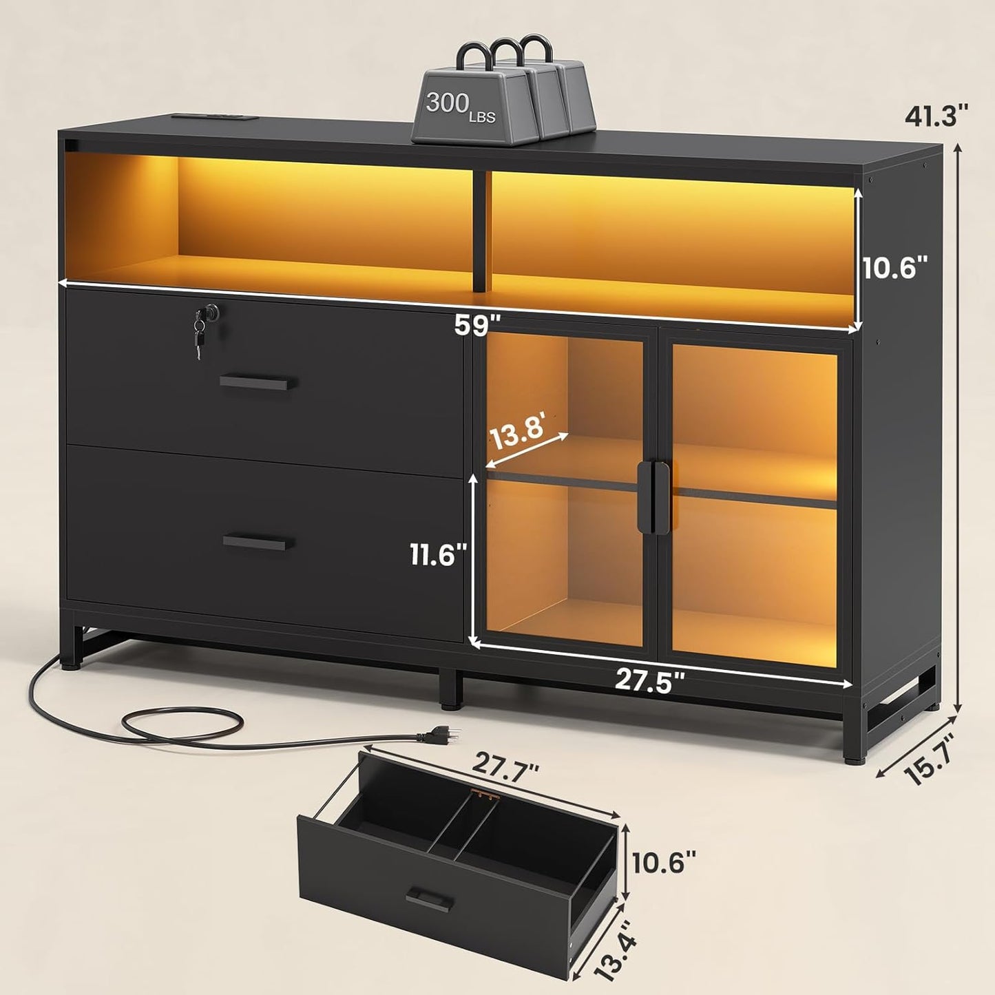 SEDETA 59" File Cabinet, 2 Drawers Filing Cabinets for Home Office fit Legal/Letter/A4 File, File Cabinet with Lock & Power Outlets, Printer Stand with Storage & LED Lights, Black