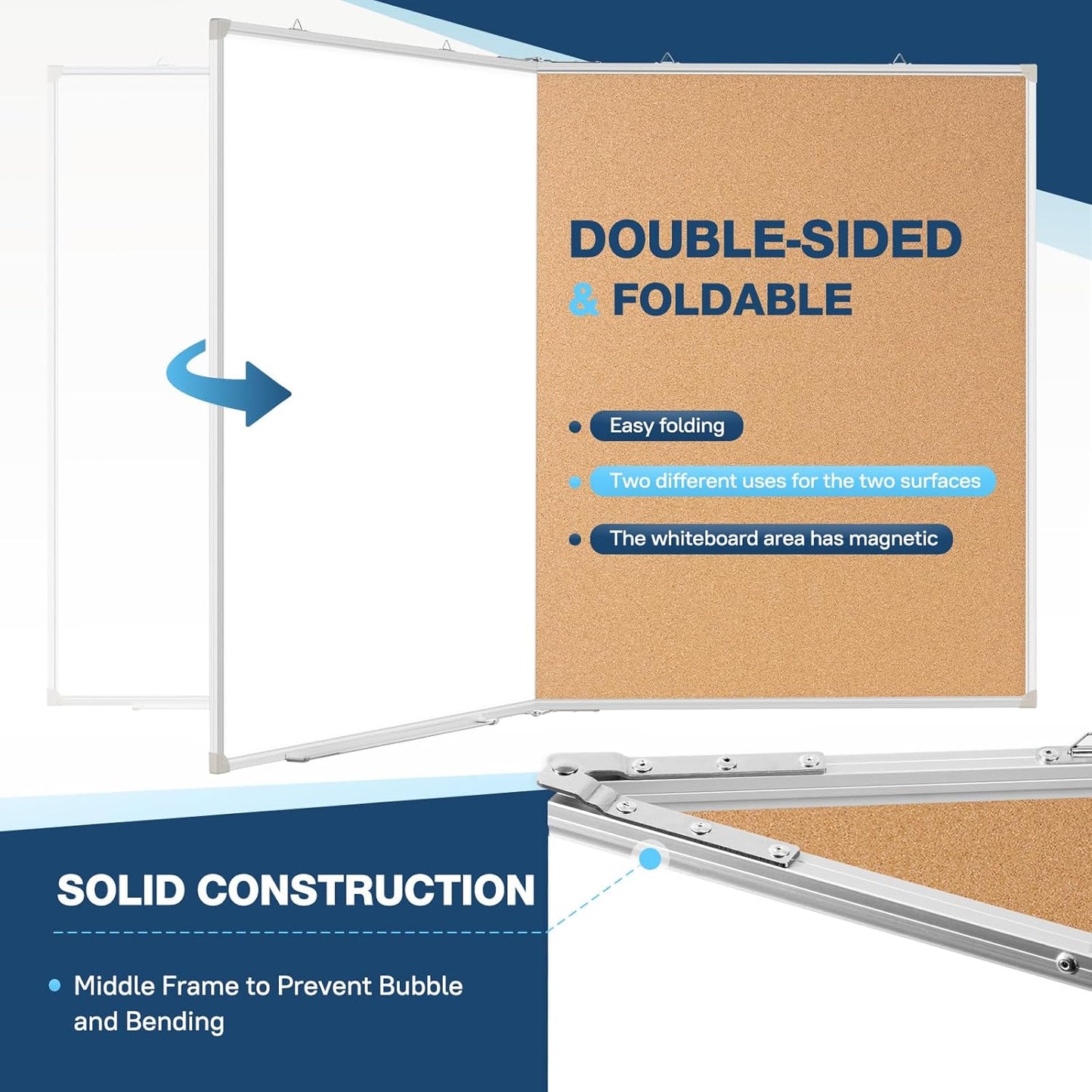Large White Board Dry Erase Foldable Cork Board Combo, 60" x 40" Double Sided Dry Erase Board for Wall, Magnetic Whiteboard Cork Board Combination for Office, Home, School, Kitchen
