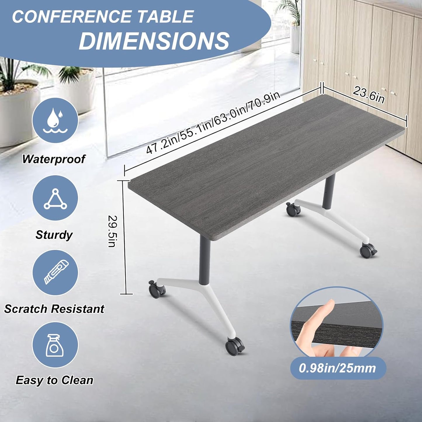 Folding Conference Table, Mobile Training Table for Office Conference, Modern Modular Rectangular Work Desk Meeting Seminar Work Tables with Caster Wheels, Large Breakroom Tables (10Pack L63in)