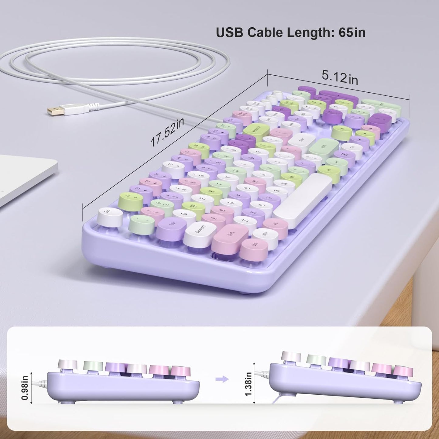 MOFII Colorful Computer Keyboard Wired, Cute Full Size Keyboard Typewriter Style, USB Keyboard with Foldable Stands for Windows, Laptop, Desktop, PC (Purple Colorful)
