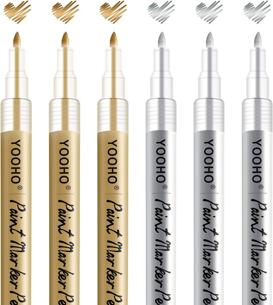 Paint Pen Gold Silver Metallic Permanent Acrylic Markers Set for Fabric Glass Rock Wooden Ceramic Leather Tire Painting, 0.7mm Extra Fine Tip (3pcs Gold+3pcs Silver)