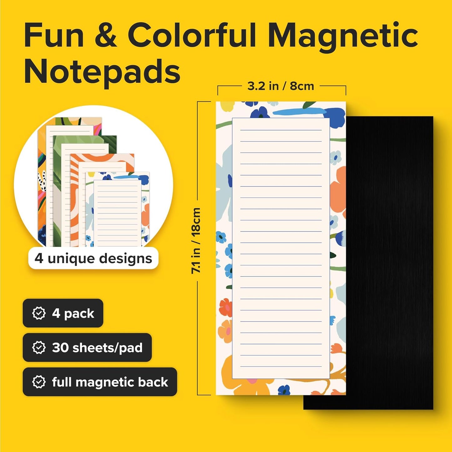 X-bet MAGNET Magnetic Notepads for fridge 120 sheets, grocery list pad for fridge, double gummed paper with color printing, magnetic shopping list pad for fridge (4 pack 30 sheets)