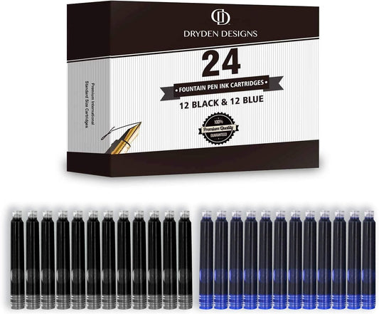 Dryden Designs Ink Cartridges for Fountain Pen | Set of 24 (12 Black & 12 Blue) - Short International Standard Size - Disposable and Generic Ink Refill Cartridges - Perfect for Calligraphy