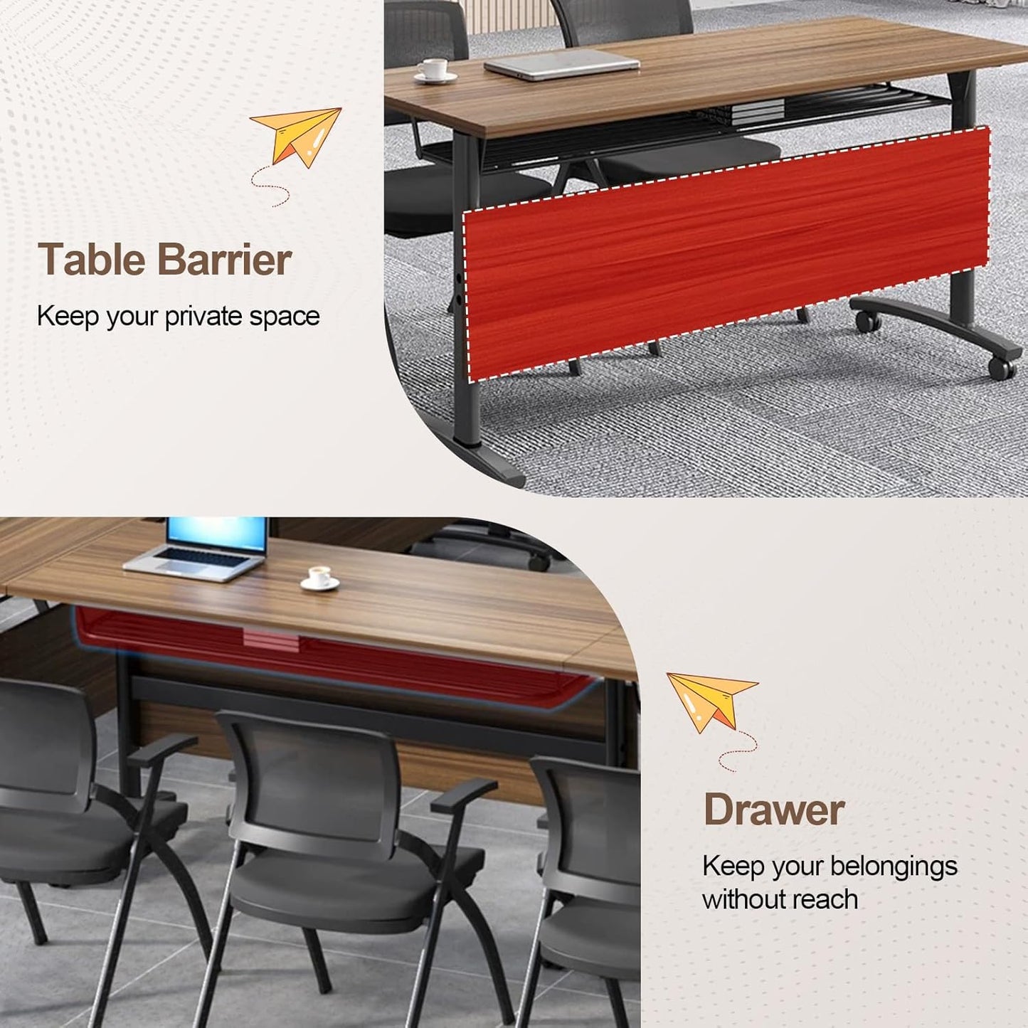 Folding Conference Room Table, Modern Conference Tables with Wheels, Large Rectangular Mobile Training Tables for Office Classroom, Foldable Modular Boardroom Seminar Table Walnut (8pack L55.1in)
