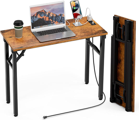TEMI Small Computer Desk Folding Table - No Assembly, Compact 35.8" Foldable Desk with Power Outlets & USB Charging Port, Portable Small Office Desk, Ideal Mini Study Table for Narrow Spaces, Brown