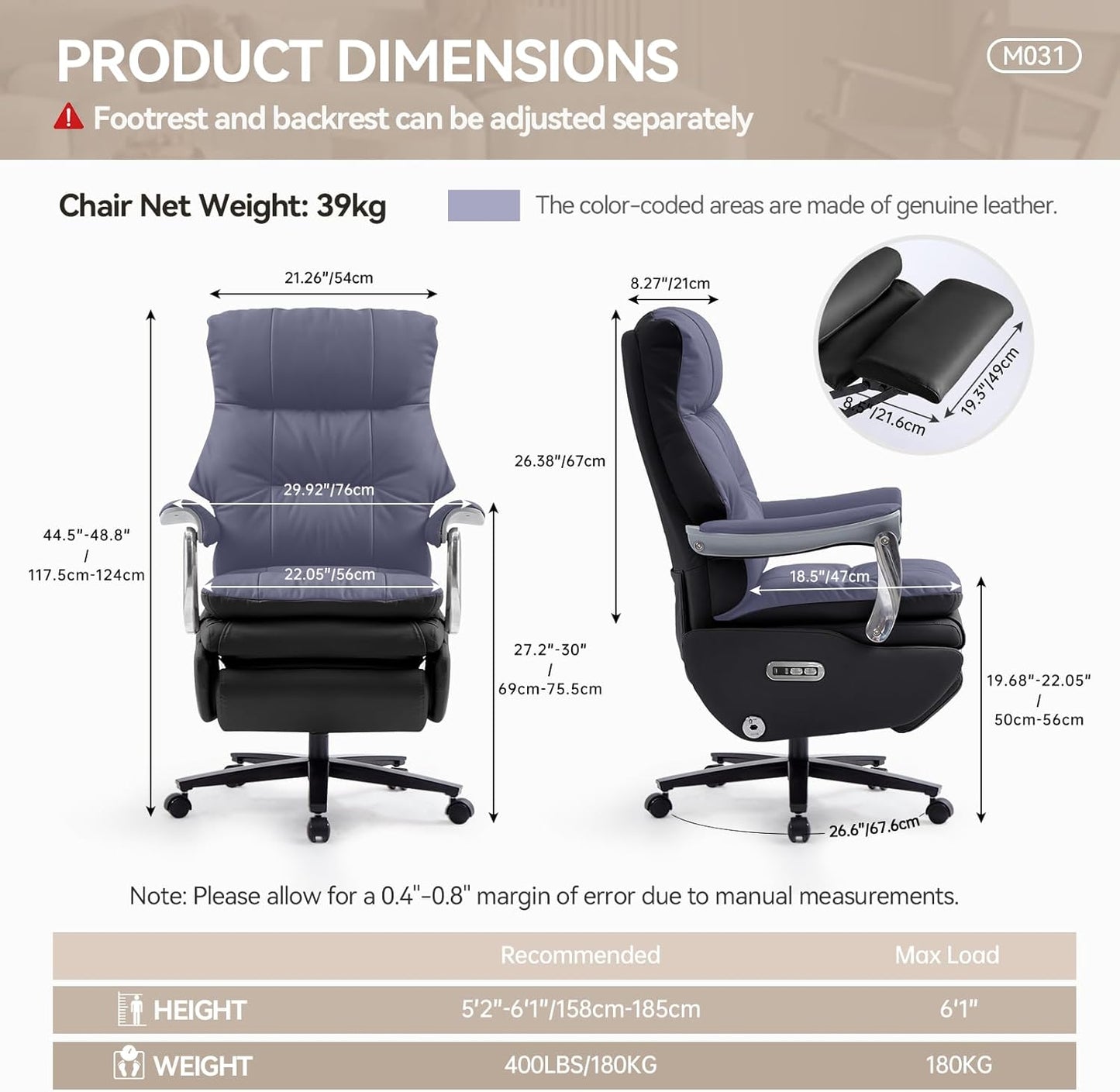 Dual Motor Electric Real Leather Executive Office Chair with Foot Rest, Comfortable Reclining Office Chair with Massage, Big and Tall High Back Comfy Ergonomic Home Office Desk Chairs 400lbs, Black