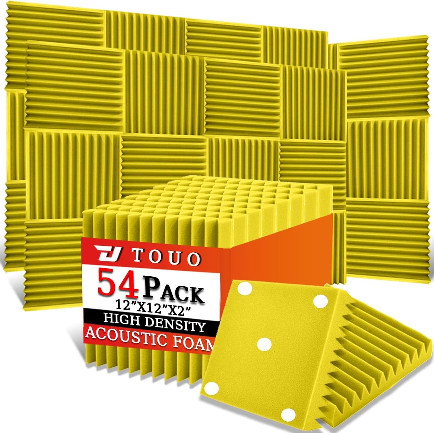 54 Pack Acoustic Panels – Sound Proof Foam Panels for Wall 12"x12"x2", Flame Retardant Wedge Acoustic Foam, High-Density Sound Absorbing Panels for Home Studio(Yellow, 2" Thick 54 Pack)