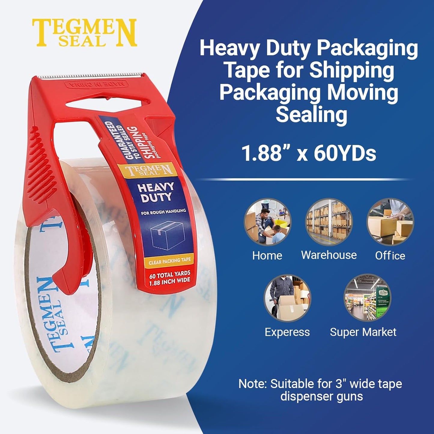 Heavy Duty Clear Packing Tape with Dispenser Combo for Shipping, Moving & Storage,Thicker Clear Packing Tape,1.88 inches Wide, 60 Yards Per Roll, 60 Total Yards
