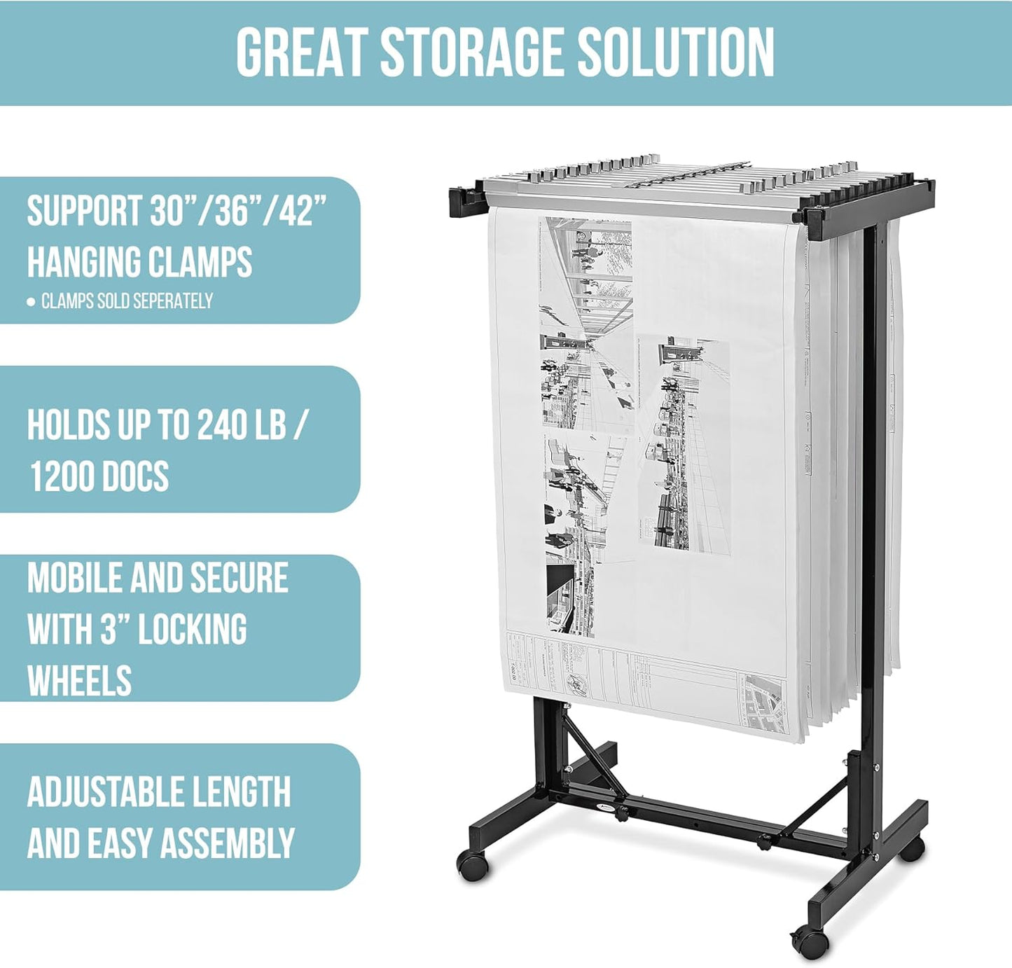 Adir Mobile Blueprint Storage Rack - Adjustable Mobile Blueprint Holder, Vertical Architect Drawing Rack with Wheels, Poster Rack Display, Construction Plans Holder (Without Blueprint Clamps)