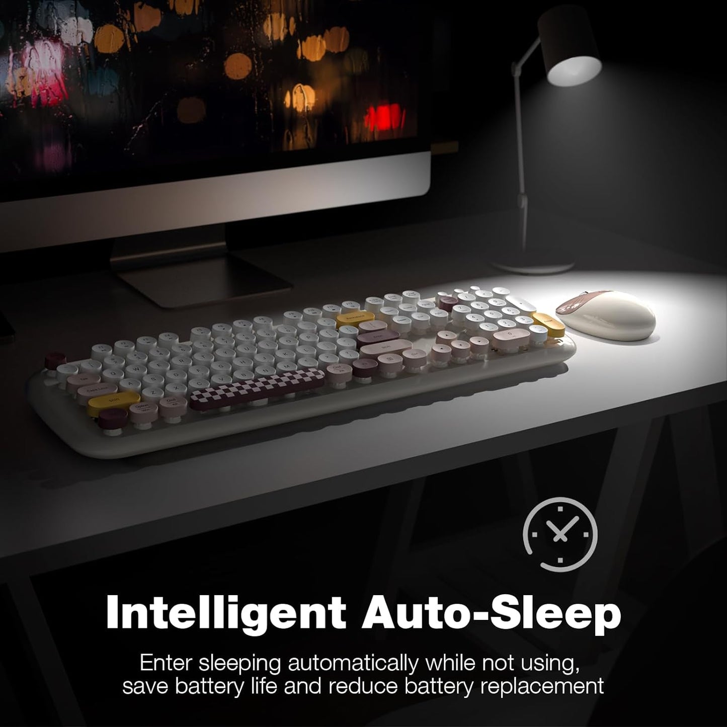 MOFII Wireless Keyboard and Mouse Combo, Full-Sized Colorful Typewriter Keyboard with Round Keycaps, 2.4G Cute Mouse Compatible with PC/Laptop/Computer (Milk White Color)