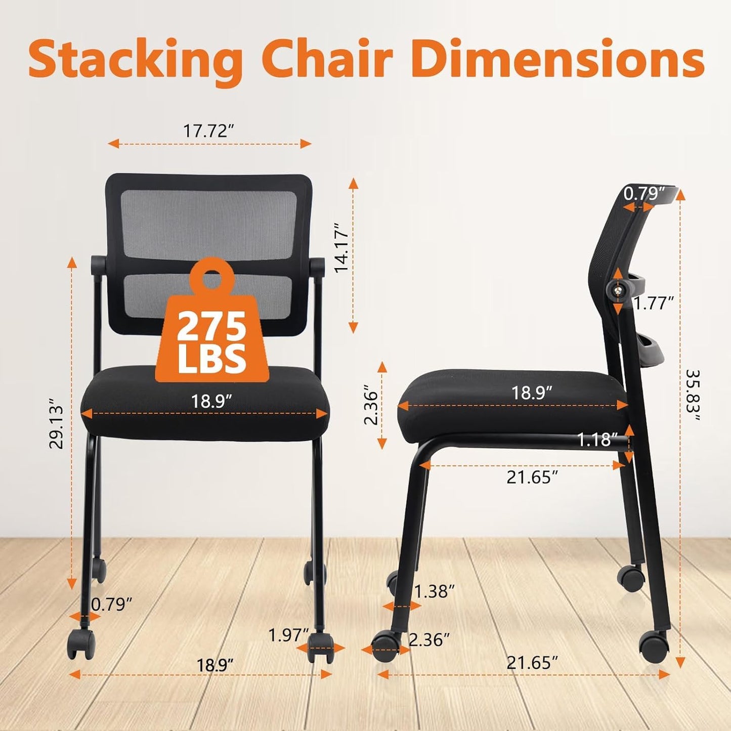 CLATINA Stacking Chairs 8 PK, Adjustable Backrest Stackable Mesh Office Waiting Room Armless Chair with Wheels for Guest Reception Conference Lobby Side School, Black