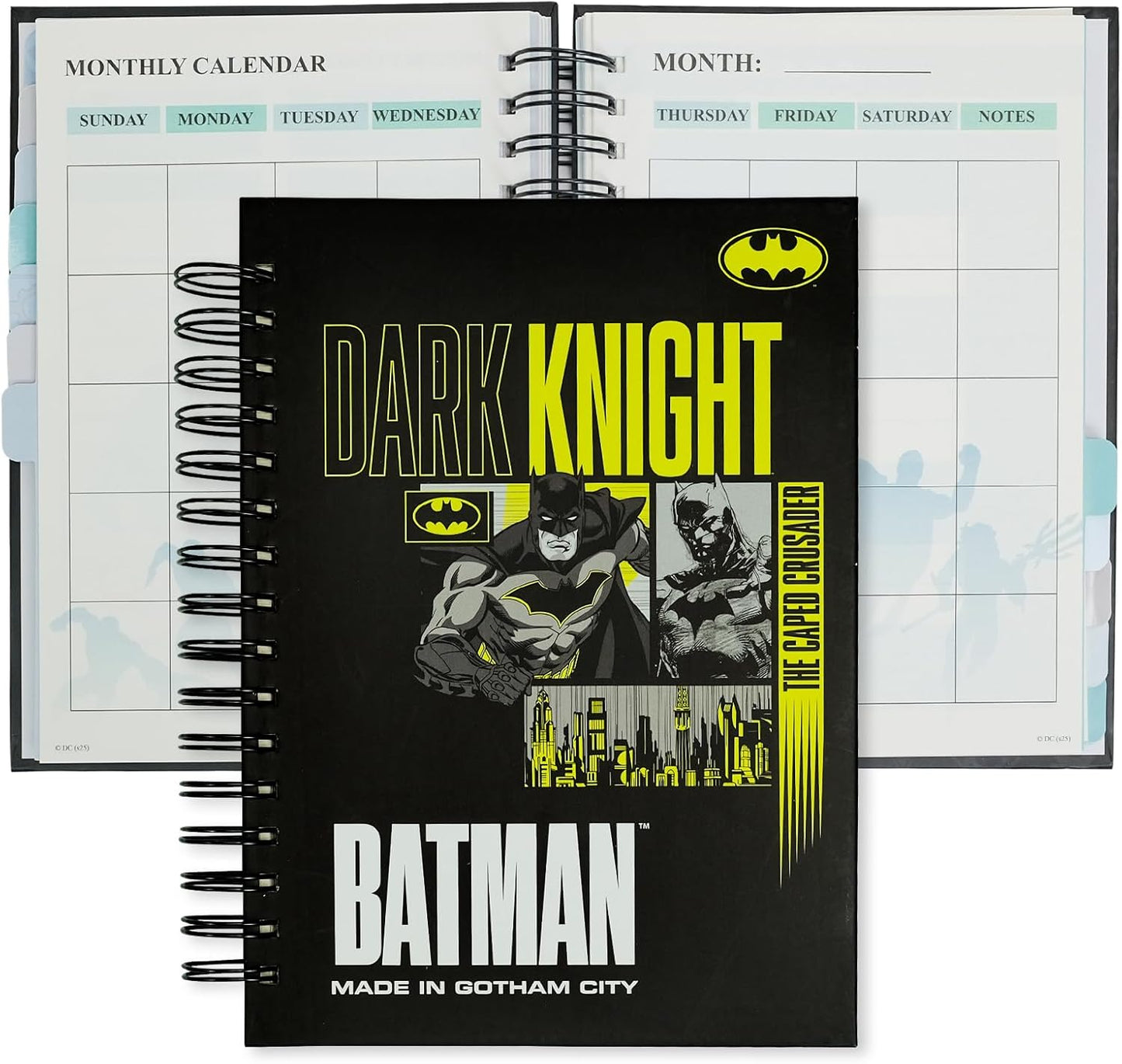 Super Hero Academic Planner, Weekly Monthly Daily Agenda, Custom Date Organizer for Time Management, Spiral Bound Notebook with Colorful Tabs,Datebooks for Student, Adult(Black Gold)
