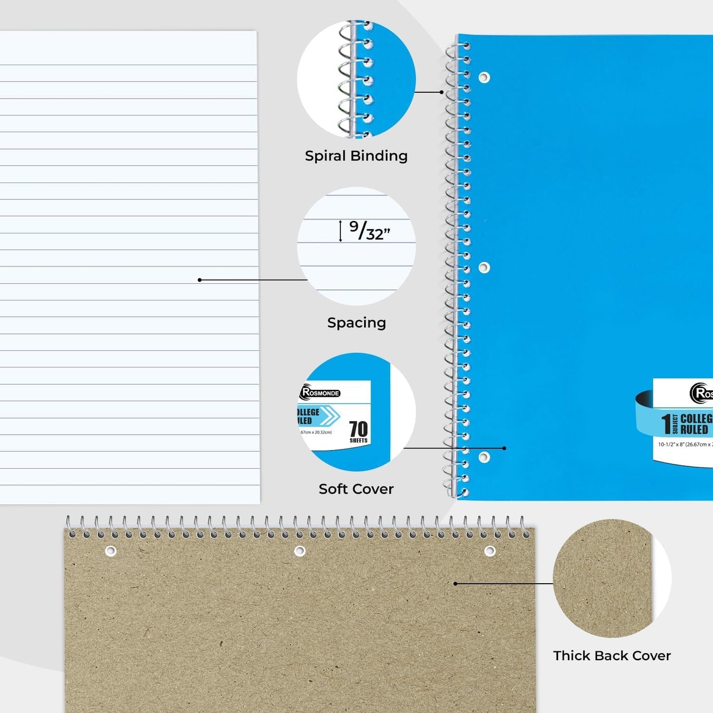 50 Pack, 1 Subject Spiral Notebook College Ruled Bulk, 140 Pages (70 Sheets), Thick No-Bleed Paper, 8 x 10-1/2", 3 Hole Punched, College Ruled Notebook 1 Subject Bulk, Subject Notebook