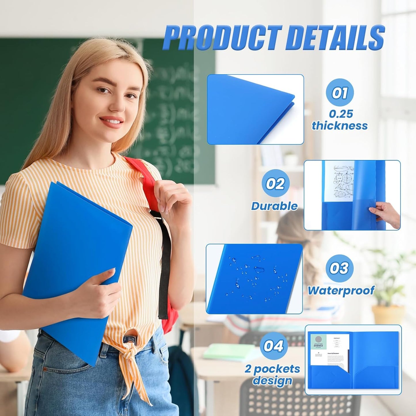 Gueevin 50 Pcs Plastic Folders with Pockets, Back to School Two Pocket Folder Fit Letter Size, Heavy Duty School Business Card Holder for Home Office, 11. 61 x 9. 45 Inches (Blue)