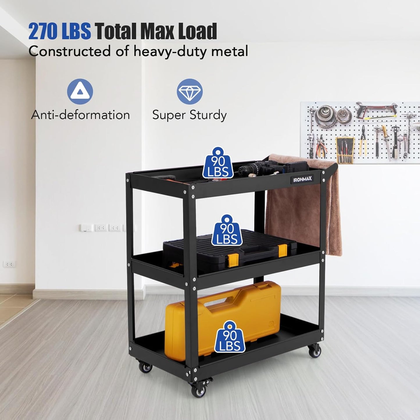 Goplus 3-Tier Utility Cart, Heavy Duty Commercial Service Tool Cart w/3 Spacious Shelves, 4 Universal Wheels with 2 Brakes, Rolling Mechanic Tool Cart Storage Organizer for Warehouse Garage