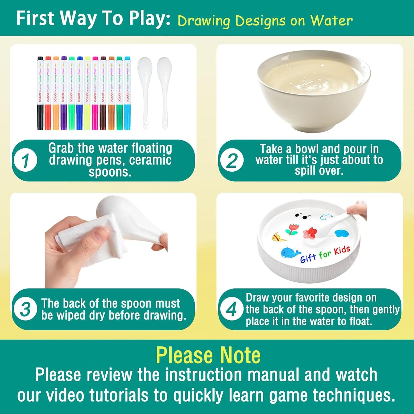 Magical Drawing Pens for Kids Water, Kiddies Create Magical Floating Drawings Bundle, 12 Colors Magic Water Painting Marker Set with 2 Spoons, Water Art Pen Kit for DIY Tattoo, Gifts for Boys & Girls