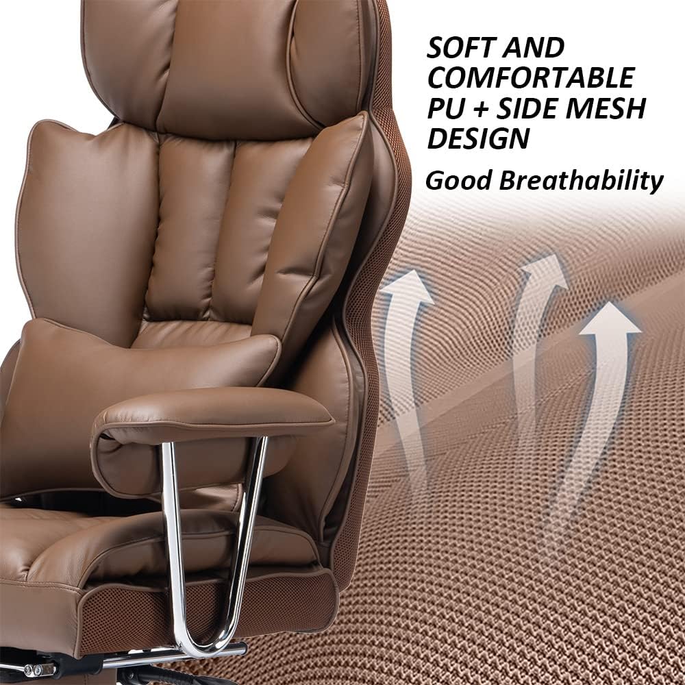 Efomao Big and Tall Office Chair 400lbs – High Back PU Leather Executive Chair with Lumbar Support, Footrest, Swivel Base, Padded Armrests, and Rolling Wheels for Home Office, Brown Computer Chair