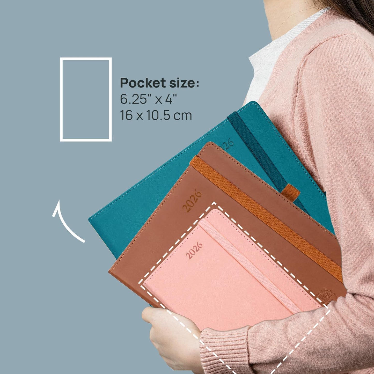 POPRUN Pocket Calendar 2026 (Small Size- 4'' x 6.25") Weekly and Monthly for Purse - Planner 2026 (Jan. 2026 - Dec. 2026) with Vegan Leather Soft Cover, Plastic Ruler,TJ-26-CELA6 - Blue Green