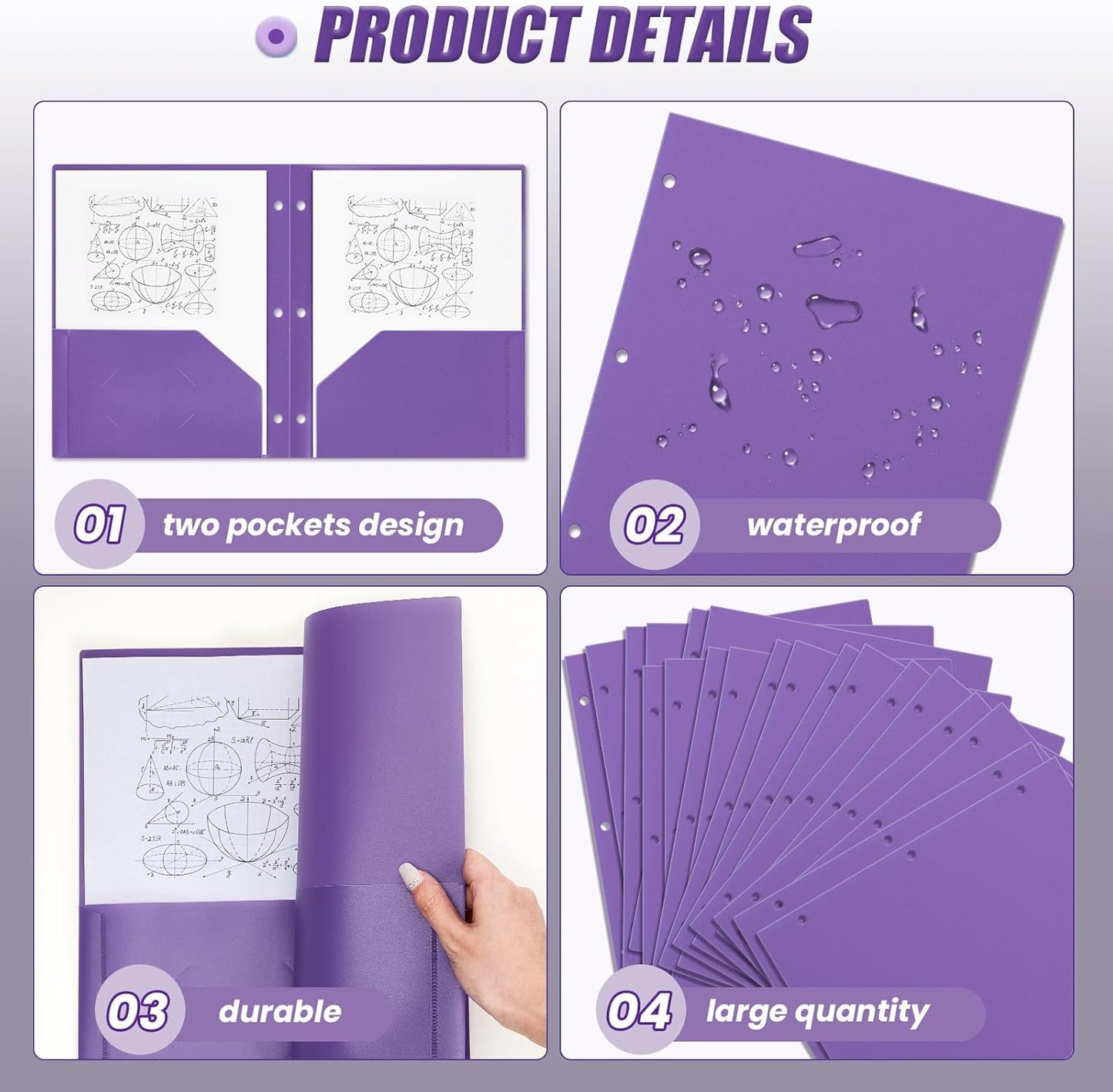Yeaqee 100 Pcs Plastic Folders with Pockets Bulk 3 Hole Punched 2 Pocket File Folders for 3 Ring Binder Divider Folder for Notebooks, Durable Poly for Office Home (Purple)