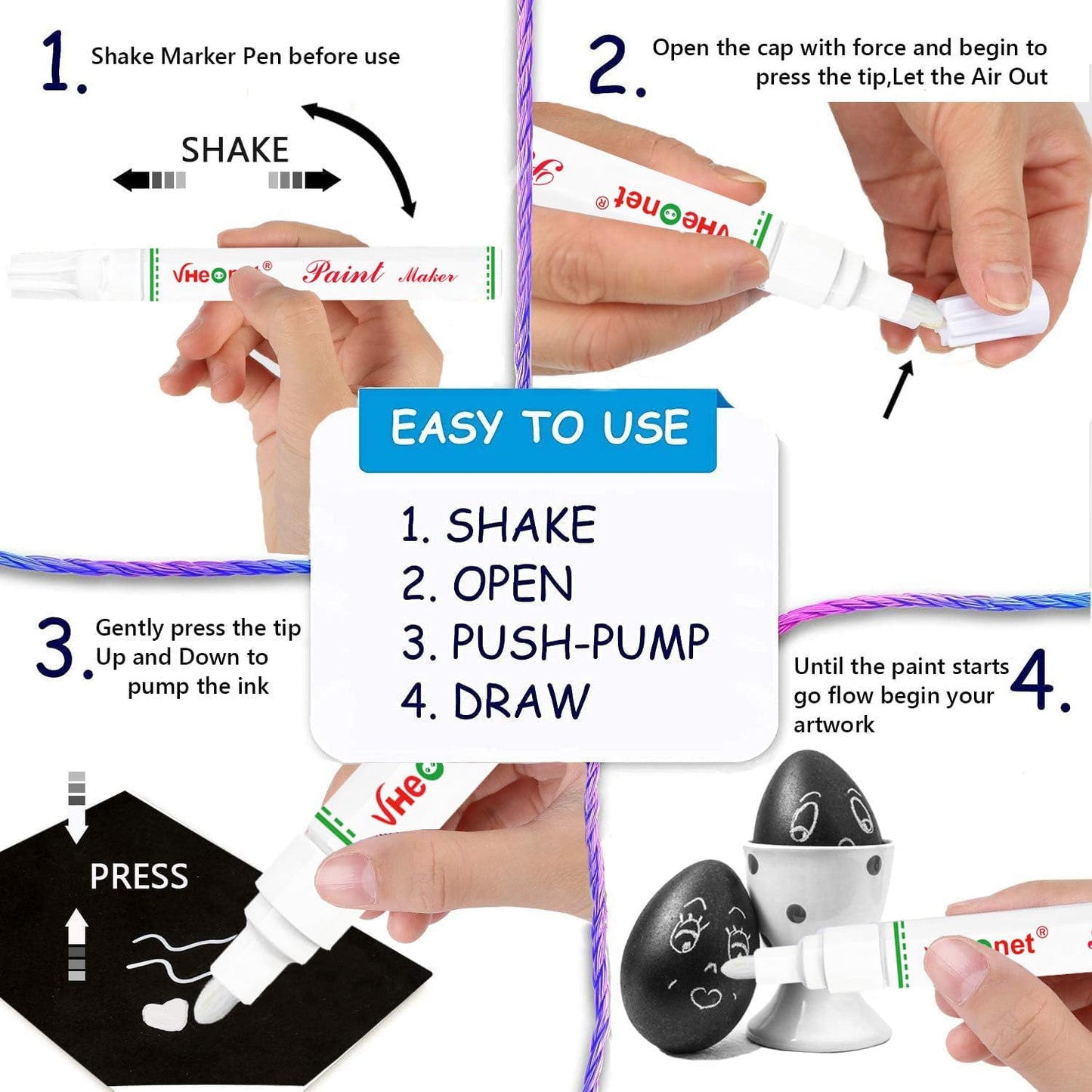 Paint Pens, Paint Markers - 6 Pack White and Black Oil Based Waterproof Permanent Markers for Tire, Rubber,Wood, Rocks, Metal, Canvas,Plastic, Dark Surface,Craft office Supplies,Medium Point