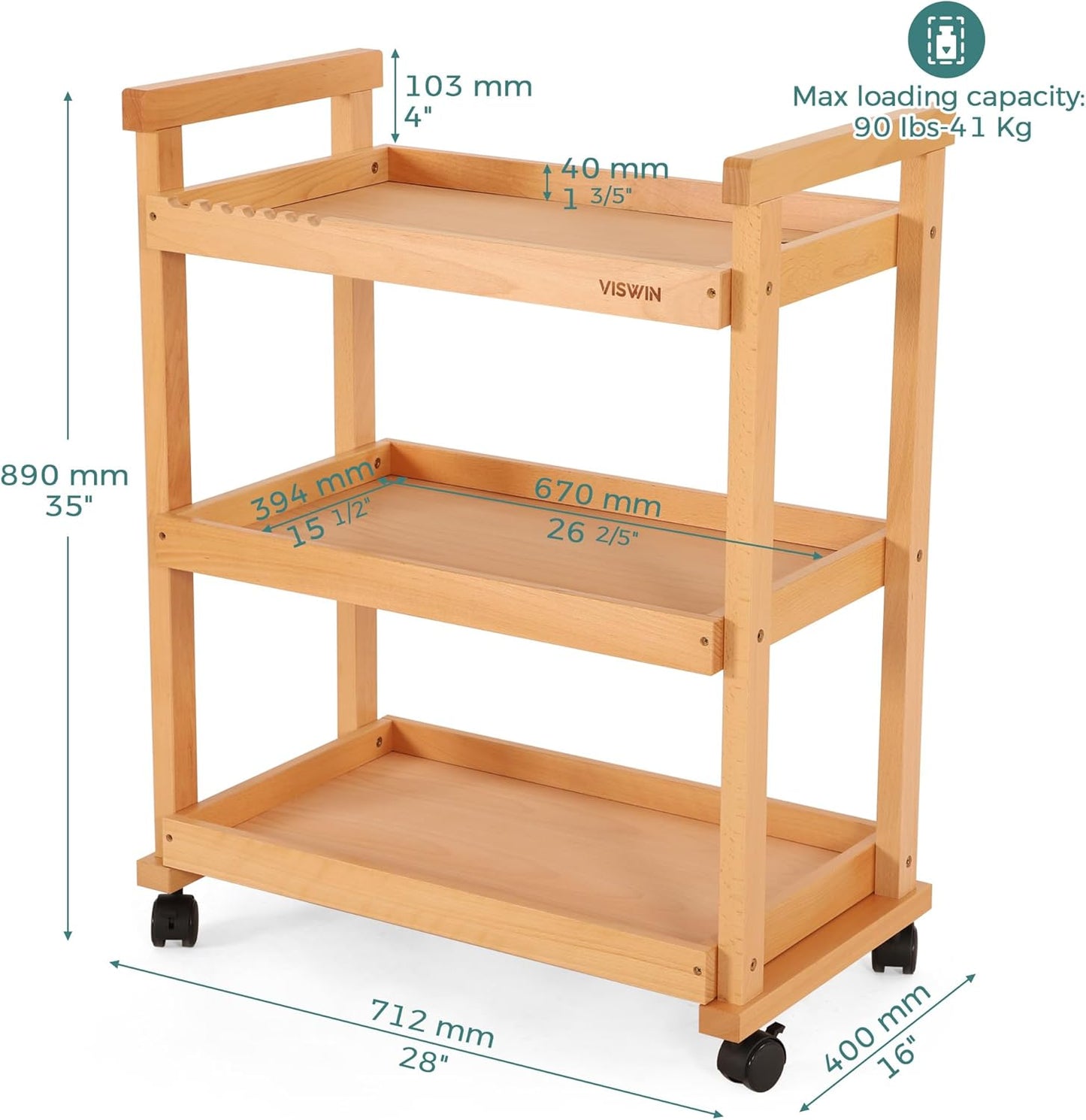VISWIN Art Cart Organizer, Solid Beechwood Art Supply Storage Organizer with Caster Wheels, 3-Tier Multifunctional Rolling Utility Storage Cart for Studio, Classroom, Artists - Natural