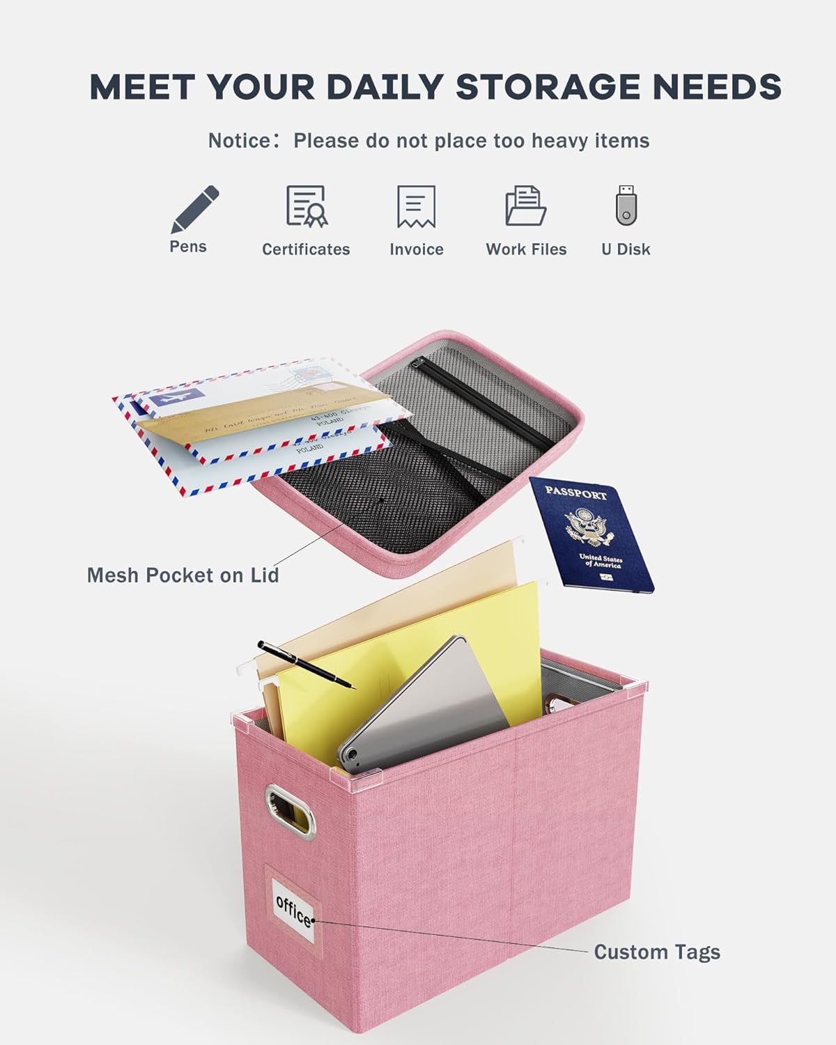 Oterri File Organizer With Lid, Hanging Filing Box With Mesh Pocket, Document Organizer for Letter Files, Portable Storage With Smooth Sliding Rail for Office & Home (2 PCS, Pink)