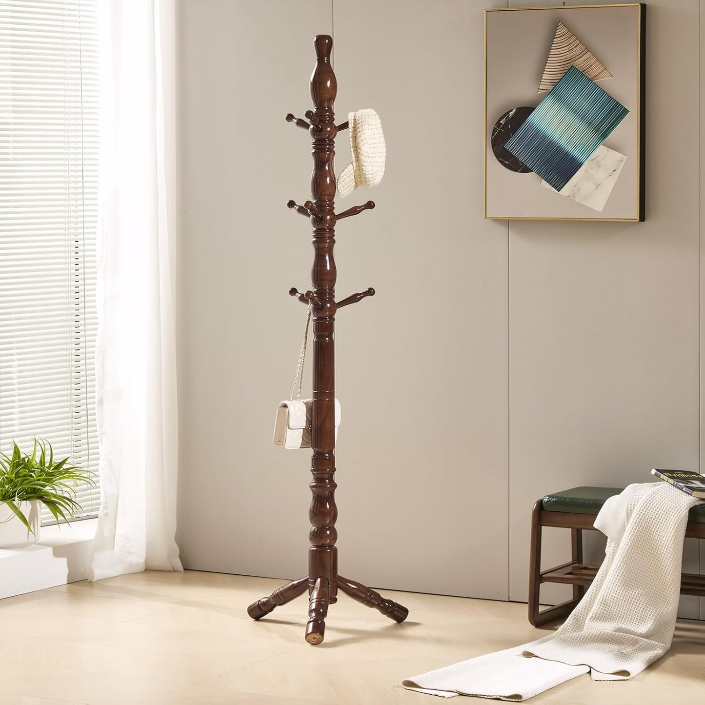 Coat Rack, Natural Wood Coat Racks with 3 Height Options and 9 Hooks,Coat Tree Ease of Assembly,Freestanding Hall Tree for Home/Office/Entryway/Hallway (Walnut)