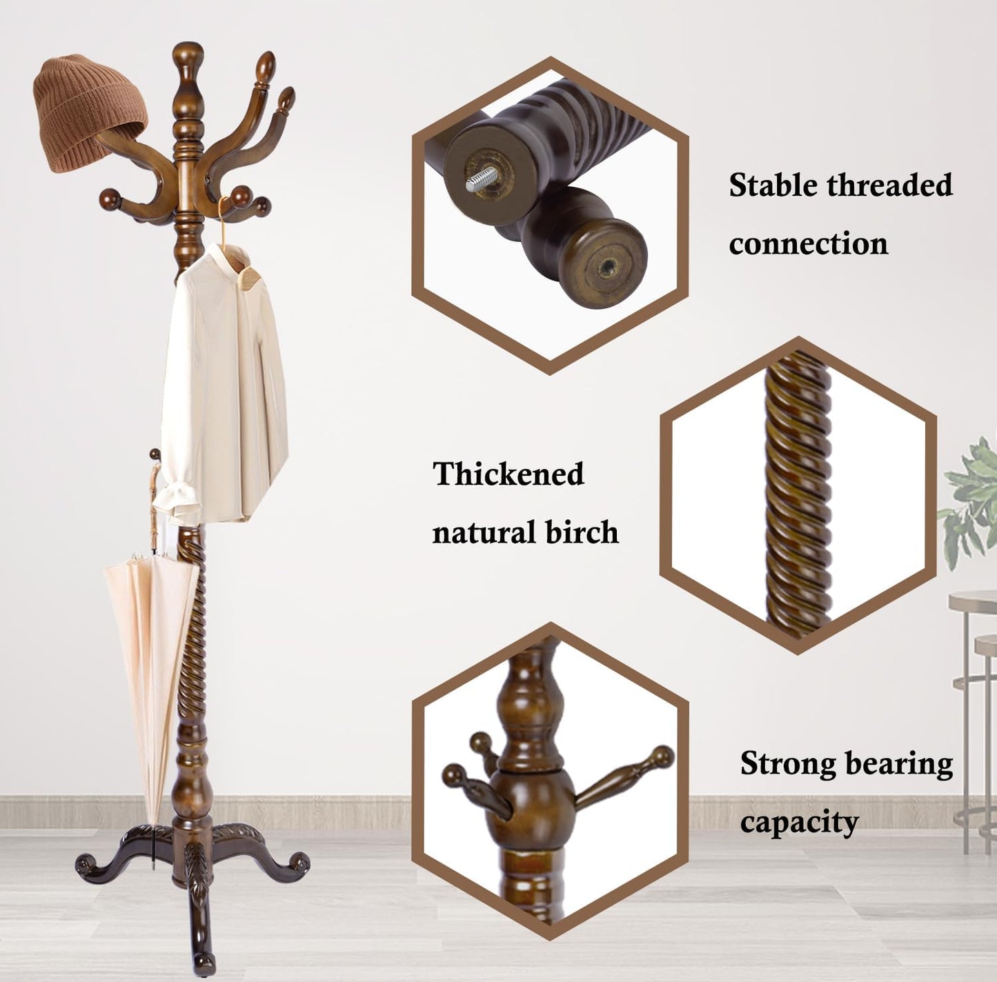Coat Rack Stand, Solid Wooden Coat Tree with 11 Hooks, Heavy Duty Coat Rack Freestanding with Sturdy Round Base, Natural Birch Wood Coat Hanger Stand for Entryway Bedroom (brown Triangle)