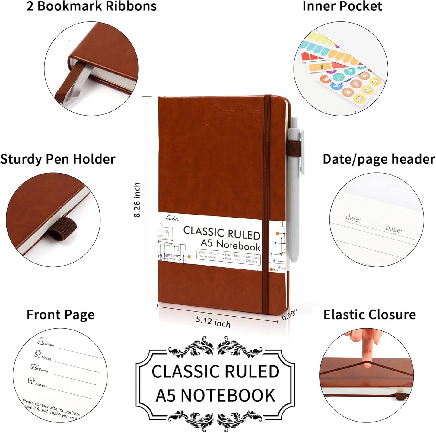 feela 24 Pack Journal Notebook for Work, Business Notebook Bulk Hardcover Lined Writing Journal with Pen Holder for Men Women Note Taking, with 24 Black Pens, 120 GSM, 5.1”x8.3”, A5, Brown