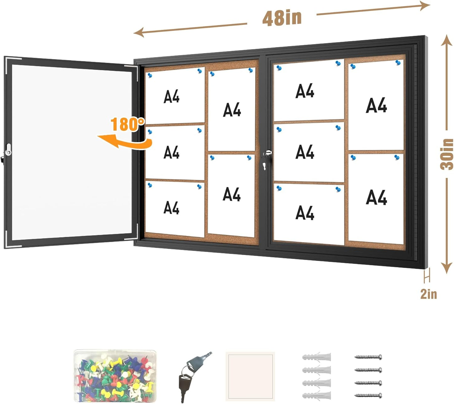 48"x34" Enclosed Bulletin Board, Outdoor Lockable Weather-Resistant Aluminum Cork Noticeboard for School & Office, Black Frame w/Cork