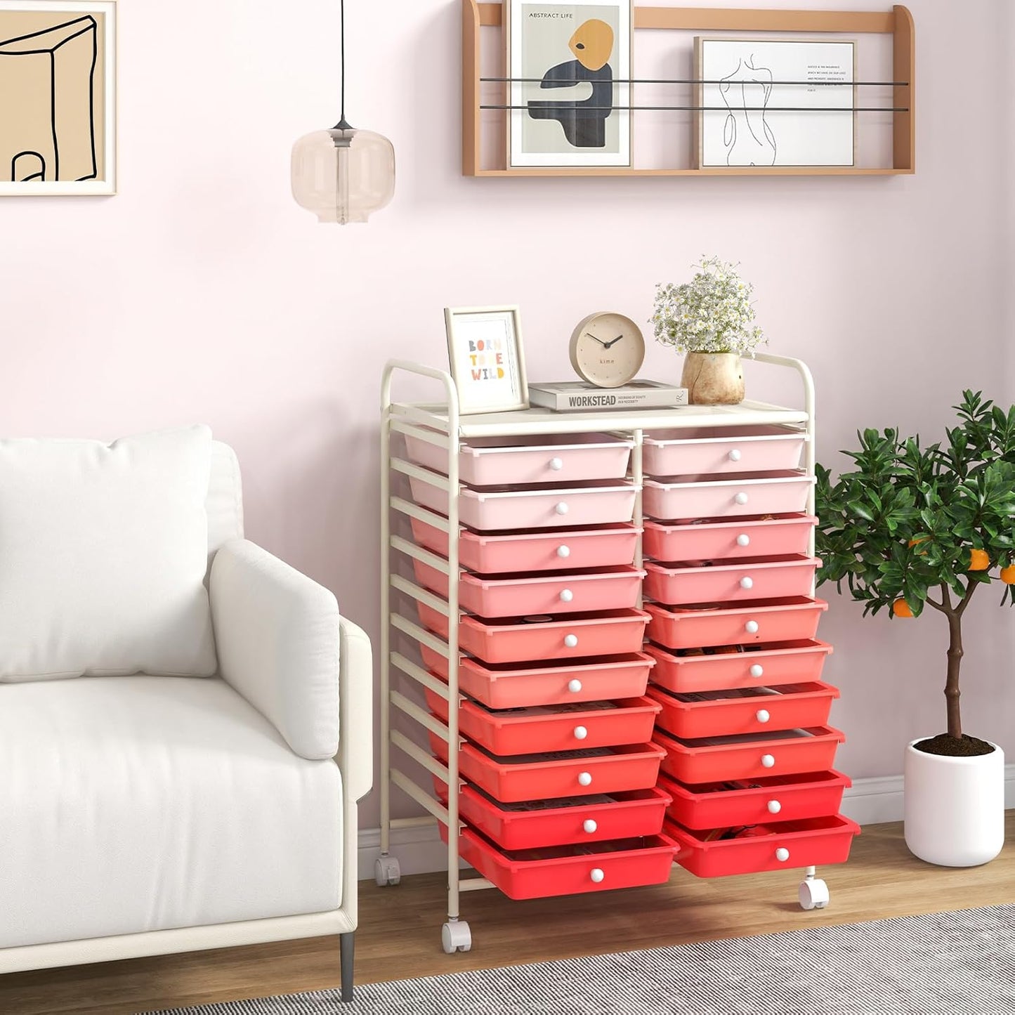 Giantex 20 Drawers Rolling Cart, Mobile Storage Drawer Cart, Classroom Organizer Cart for Office School Supplies Teacher Tools Paper Craft Small Printer, Utility Cart on Wheels, Gradient Pink