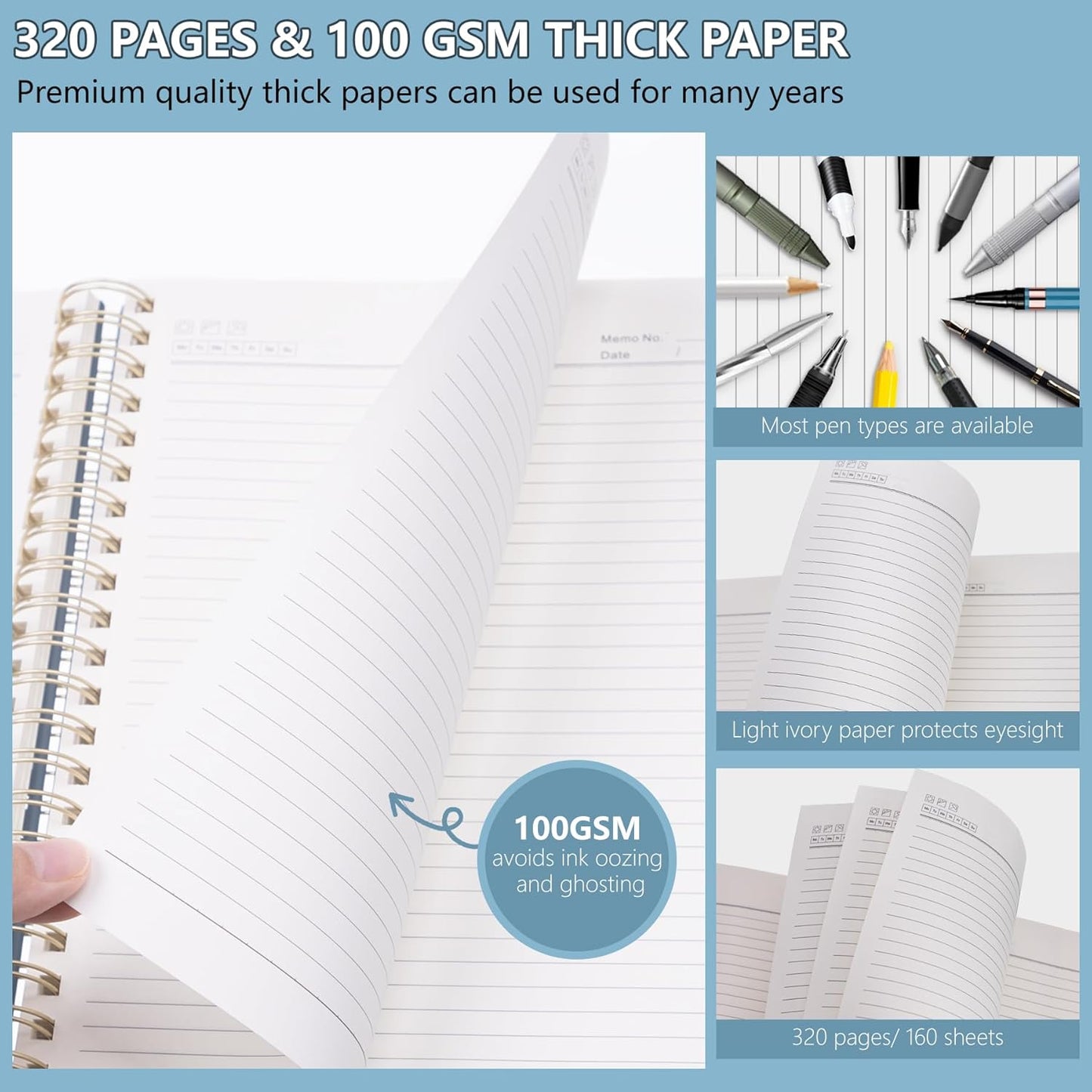 HAUTOCO Spiral Notebook College Ruled B5 Leather Bound Journal, 320 Pages, Hardcover Notebooks with tabs, 100 GSM Paper, 7"x 9.7" Lined Journaling Notebooks for Work Office School Business, Airy Blue