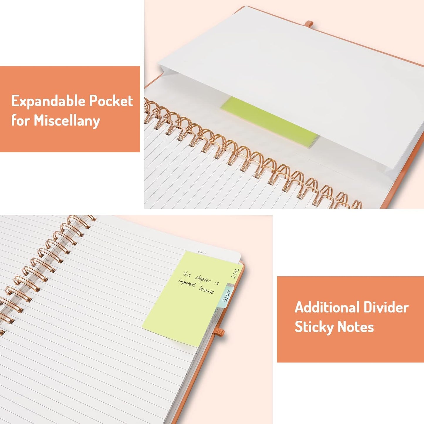 Forvencer Lined Spiral Journal Notebook with 300 Numbered Pages, B5 College Ruled Thick Journals for Writing with 100GSM Paper, Hardcover Notebooks with Contents for Work, School, Women, Men, Orange