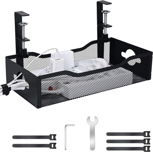 Large Under Desk Cable Management Tray - Heavy Duty Metal Cord Organizer with No Drill Installation for Office & Home Office Desks to Hide Wires & Power Strips (Black, XL)