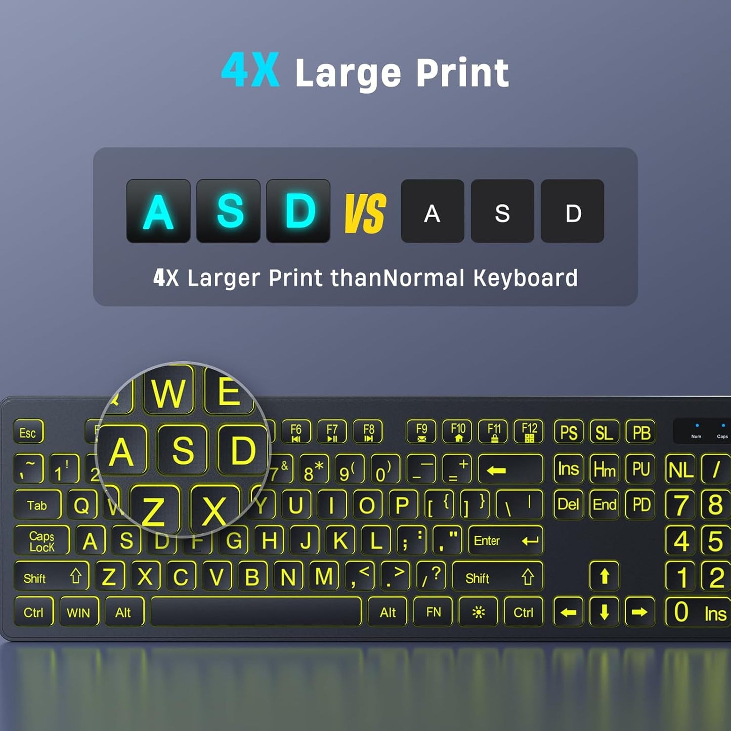 Large Print Backlit Wireless Keyboard, 2.4G Silent Wireless Light Up Keyboard, Full Size Computer Keyboards with 7 Colored Backlits, Rechargeable Keyboards for Windows, PC, Laptop