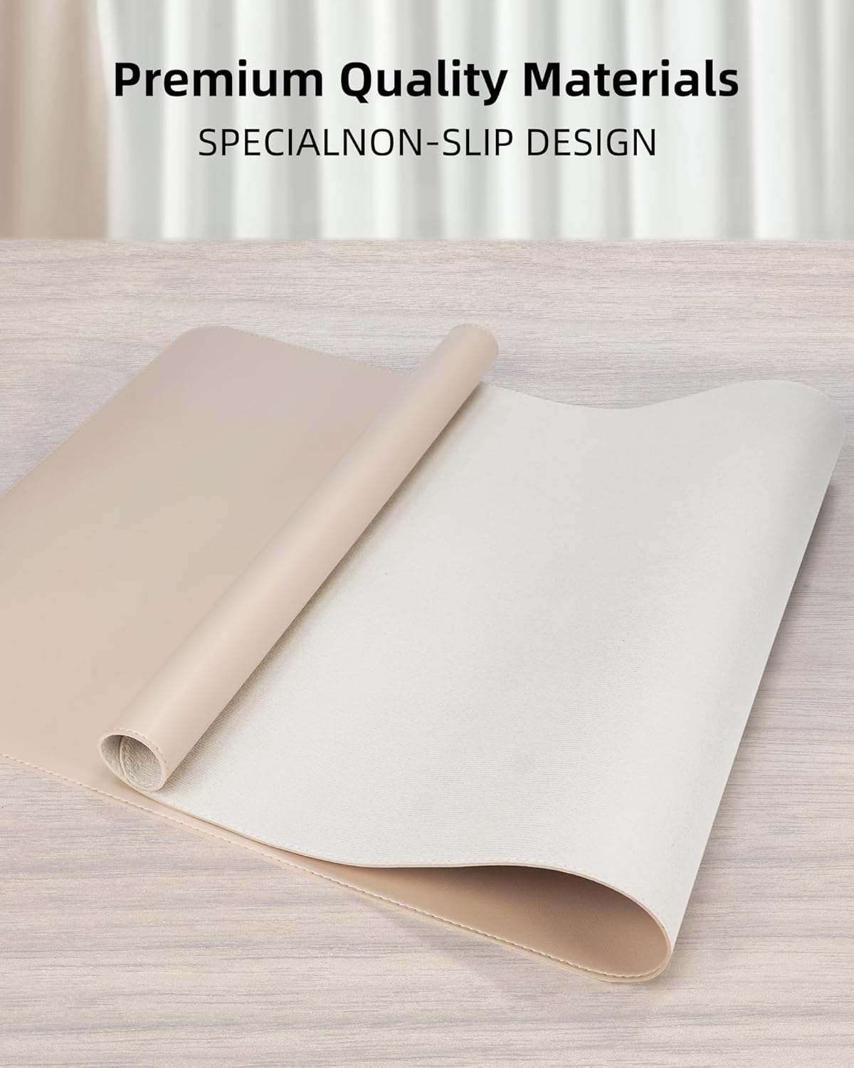Large Desk Mouse Pad Protector, Stitched Locking Edge Non-Slip PU Leather Desk Mat Laptop Table Pad Blotter, Waterproof Durable Writing Pad for Office and Home (Beige, 90 x 43cm)