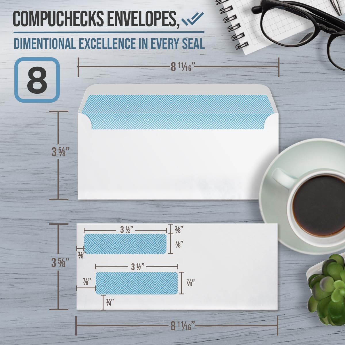 Compuchecks Double Window Envelopes #8 - Gummed, Security Business Mailing Check Envelopes - Tamper Evident, Security Tint - 1000 Count – Guaranteed to fit QuickBooks Checks
