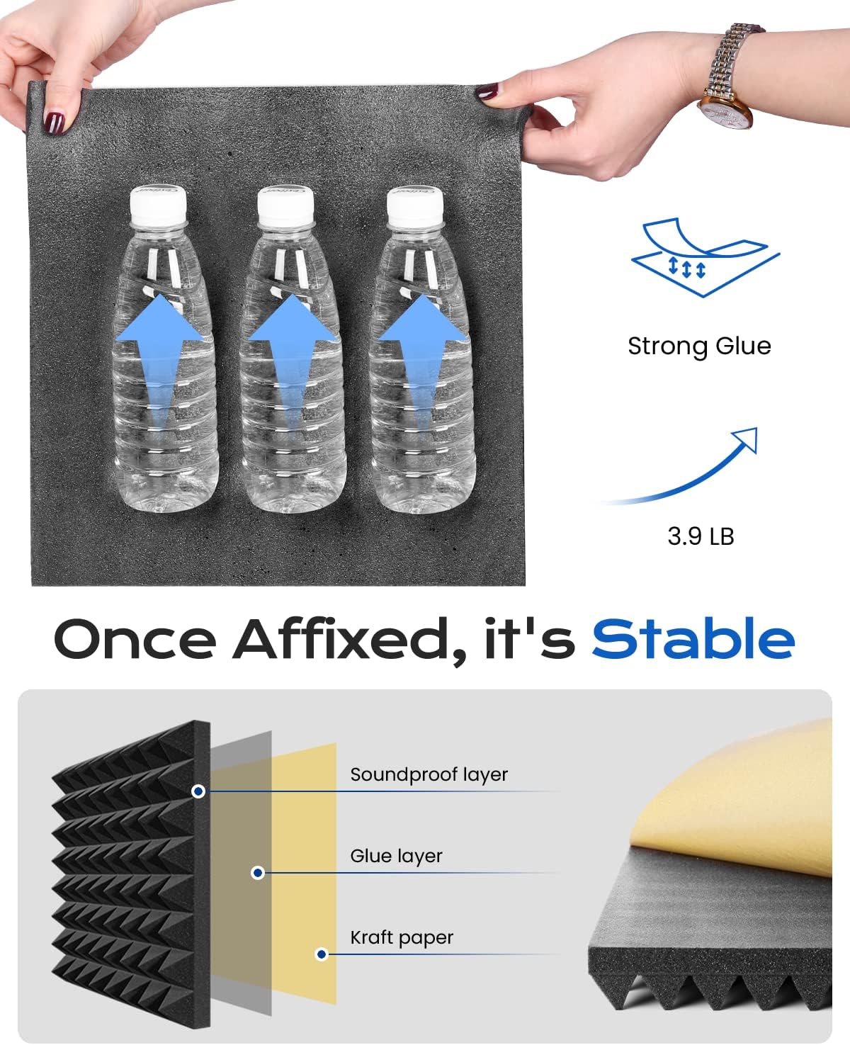 Sonicism Sound Proof Foam Panels for Walls Self-Adhesive 36 Pack Pyramid 12" X 12" X 2" Soundproof Wall Panels 35kg/m³High Density Acoustic Panels Fast Expand,Sound Absorption and Decoration(Black)