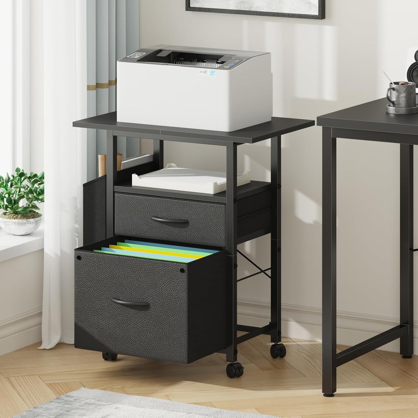 2 Drawer File Cabinet with 24'' Extended Desktop, Mobile Filing Cabinet, Rolling File Cabinet with Side Bag, Fabric Drawer, Fits A4 Size, Home Office, Black