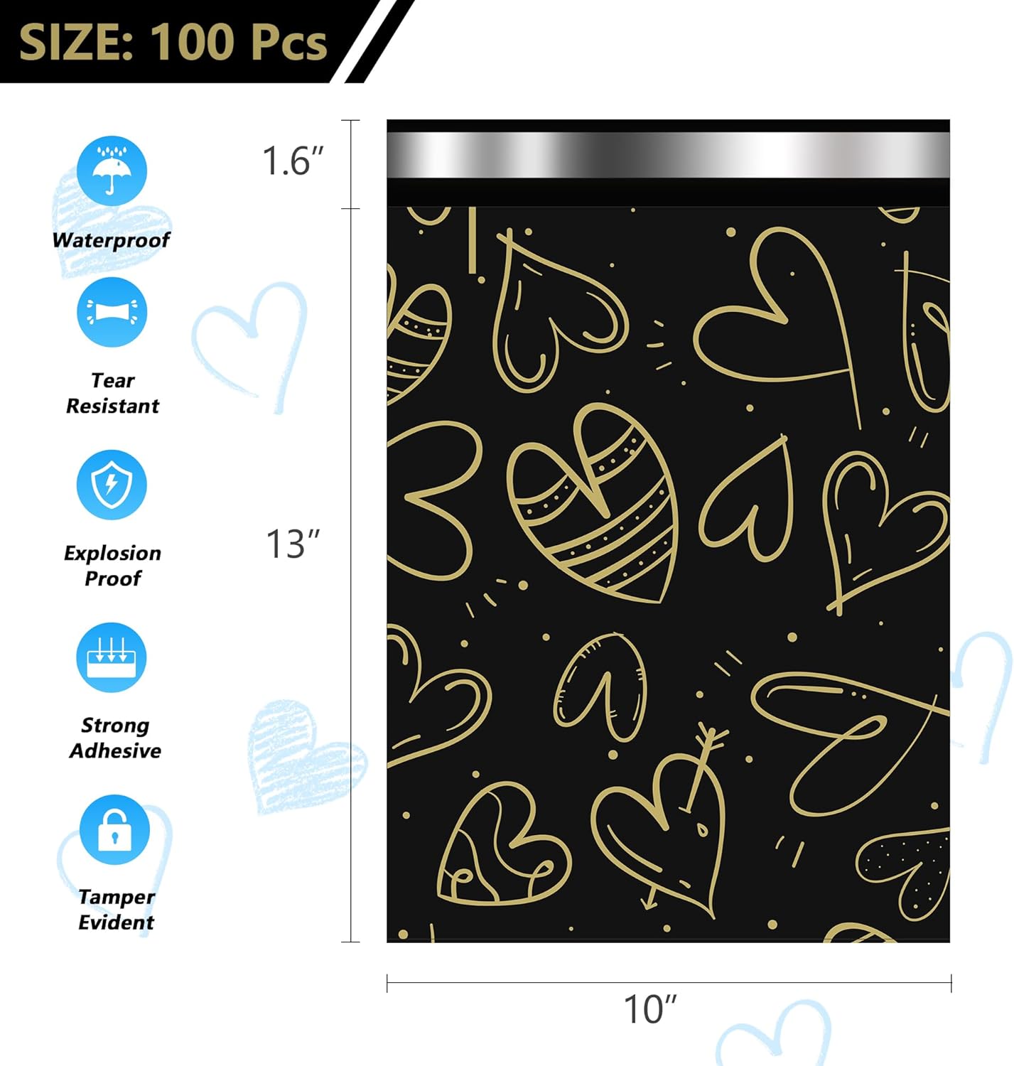 Poly Mailers 10x13 Inch 100 Pcs, Heart printed Thank You Shipping Bags with 2.4mil Thickness, Waterproof Mailing Envelopes, Strong Self-sealing Adhesive Poly Bags for Shipping
