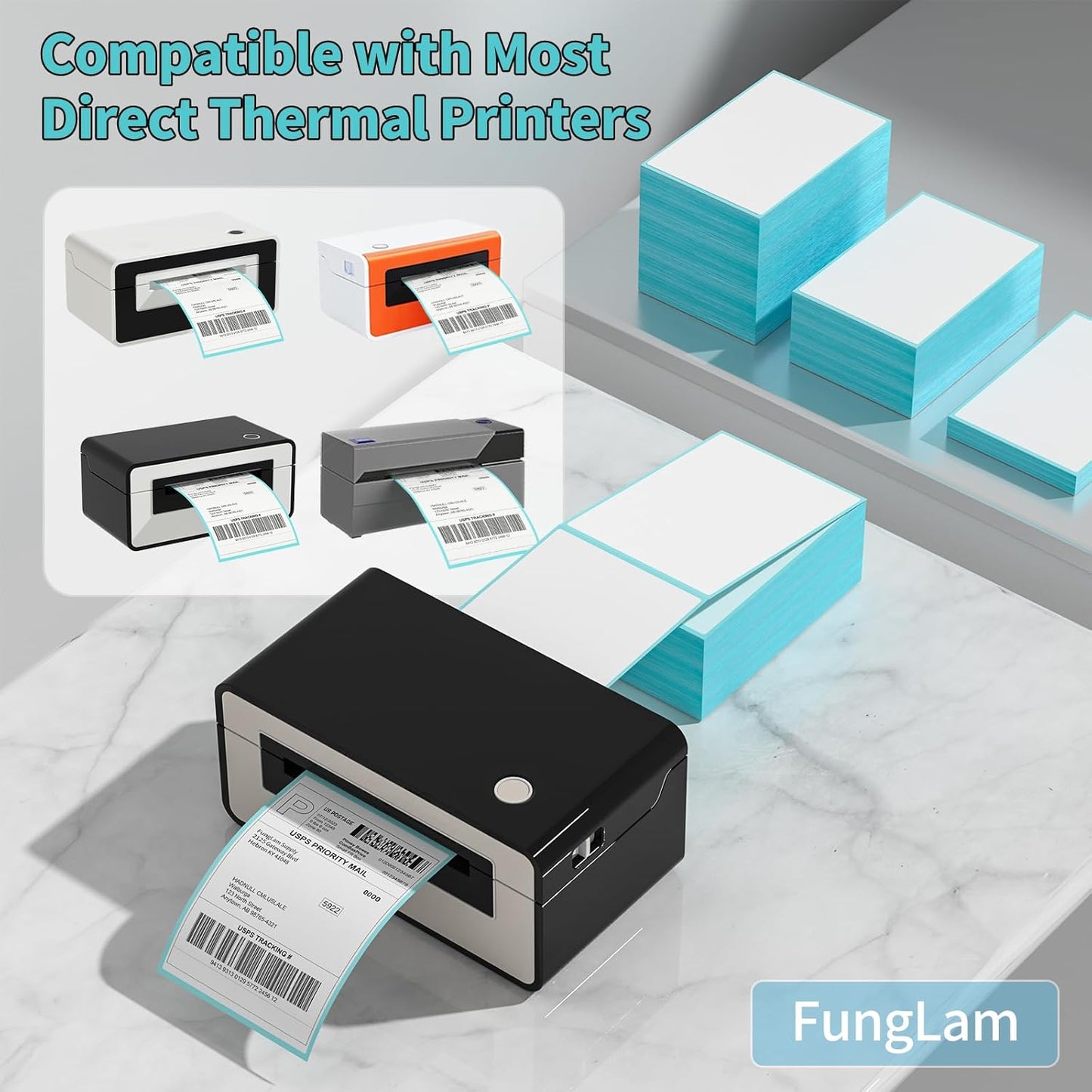 FungLam Direct Thermal Shipping Labels - 4x6 Thermal Labels Fanfold - Perforated and Strong Adhesive - 10000 Labels (1000 Labels per Stack, 10 Stacks)