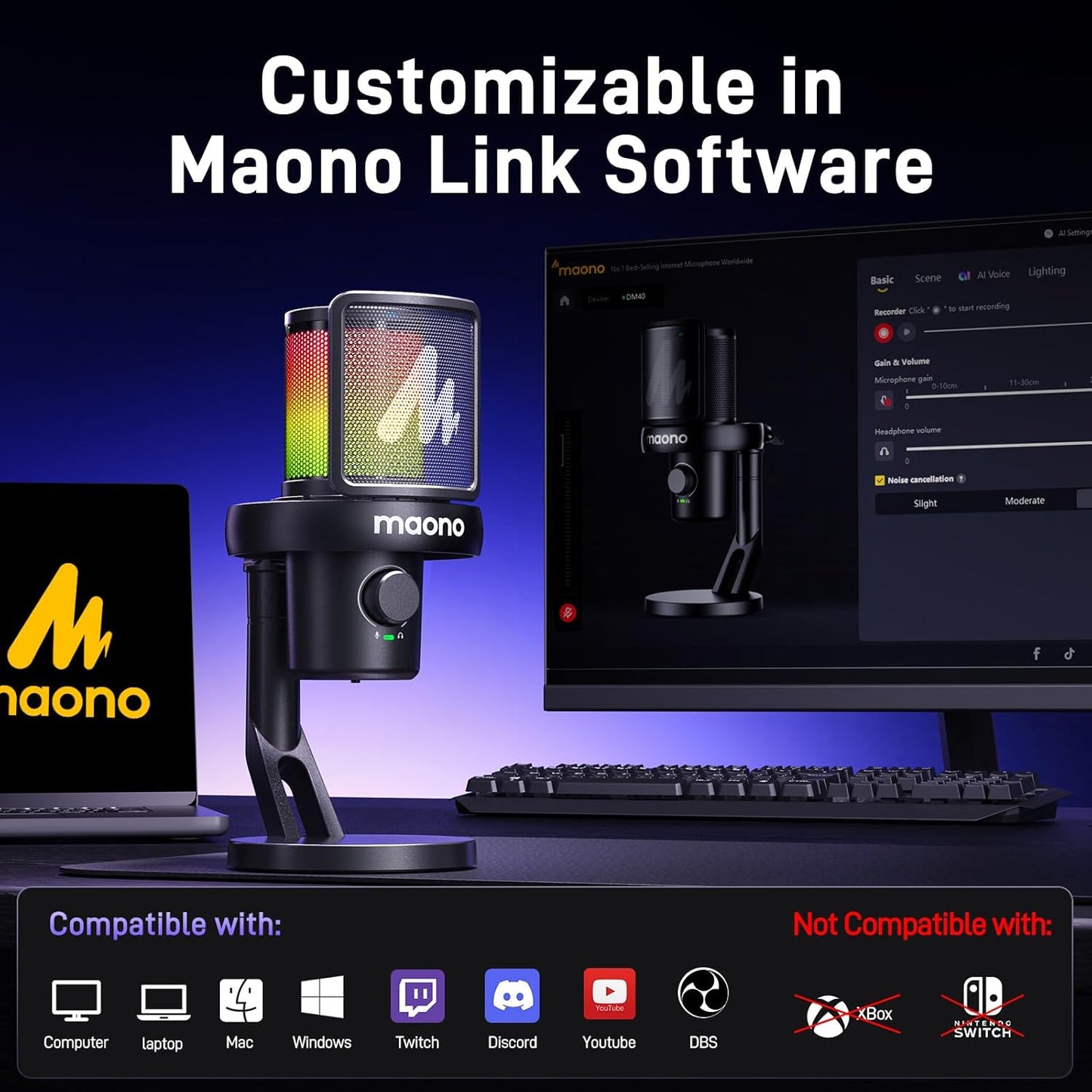 MAONO Wireless Microphone for PC,Gaming Streaming Condenser Mic with Software AI Voice Change,3-Level Noise Cancellation,Custom EQ,Gain Control USB Mic for Podcast Recording (DM40-Black)