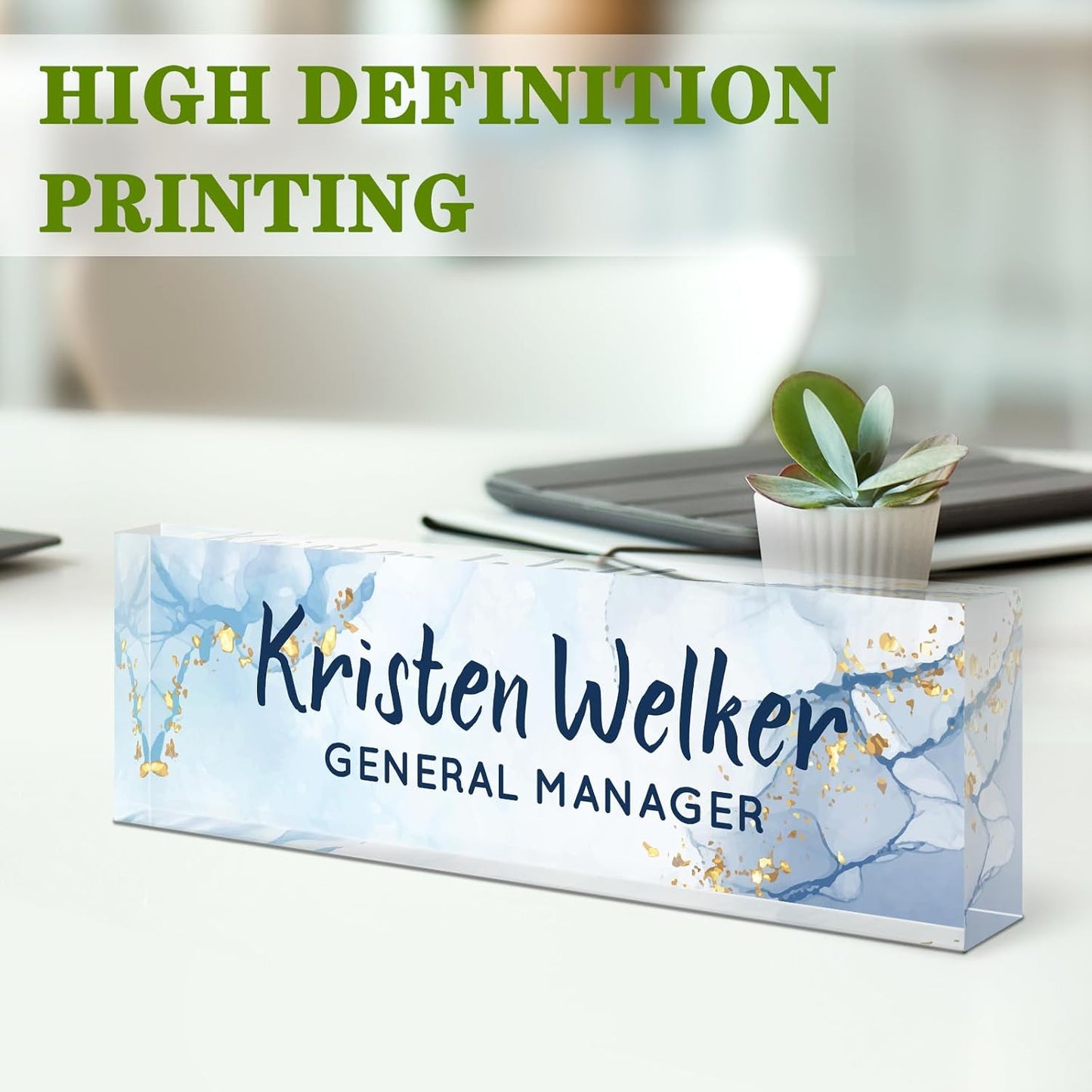 Name Plate for Desk, Desk Name Plate Personalized, Office Decor for Women Men, Acrylic Desktop Accessories, Office Appreciation Gifts for Boss Social Workers Nurse Teacher Employee (Blue/White)