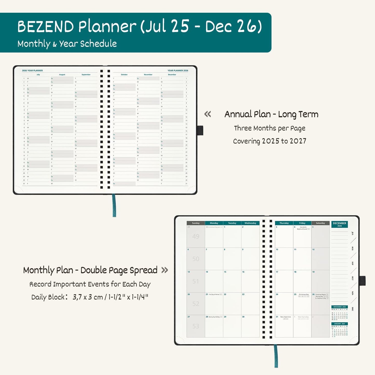 BEZEND Weekly Planner 2025-2026 with 2 Columns, 5.8" x 8.5" Academic Calendar 18 Months (Jul 25-Dec 26) Life Work Appointment Book with Monthly Tab, PU Leather Softcover Spiral - Black